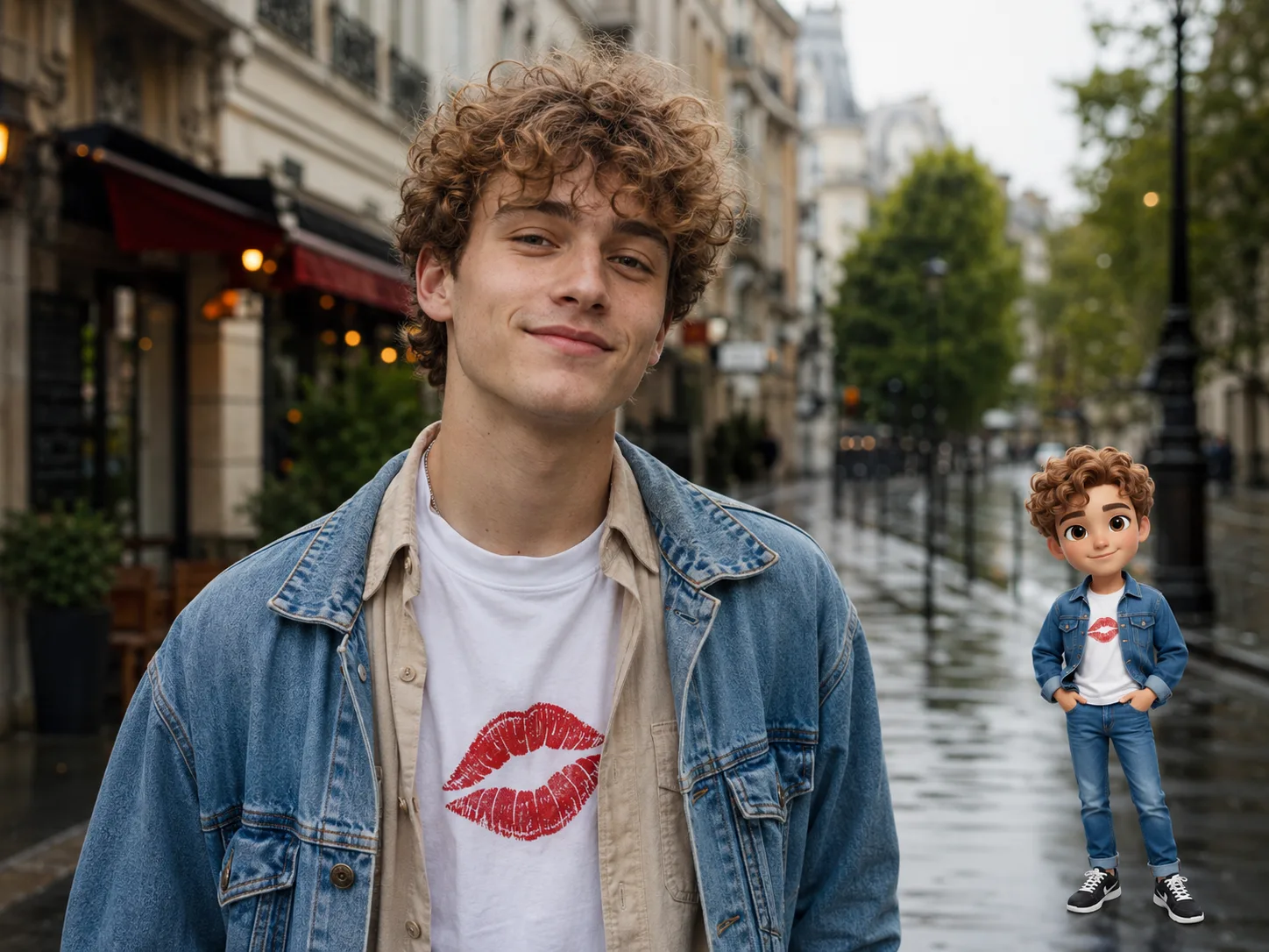Street portrait with matching Apple-style memoji character beside the subject