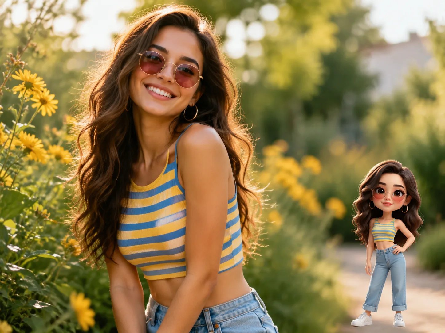 Lifestyle photo of a woman in yellow flowers with matching memoji character
