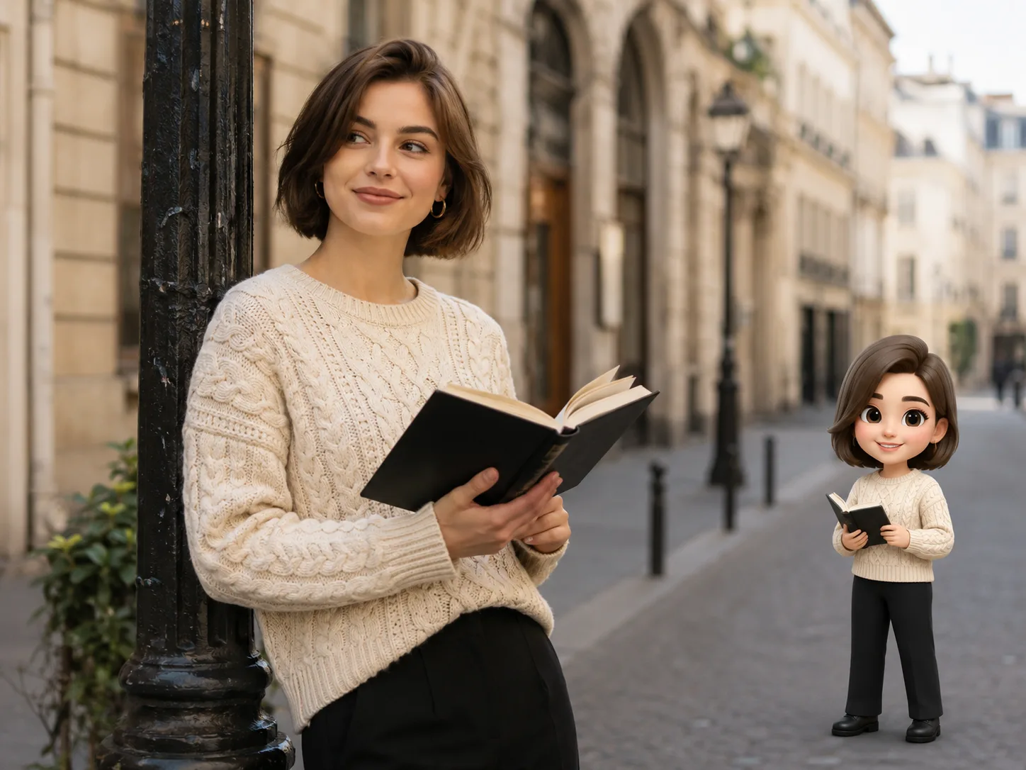 City portrait with book and matching soft 3D memoji character