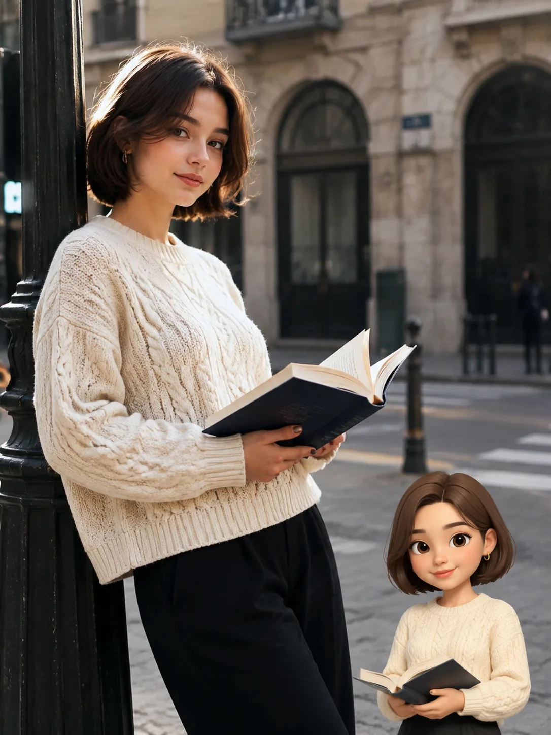 Photo-to-memoji composite of a woman with a book and matching character