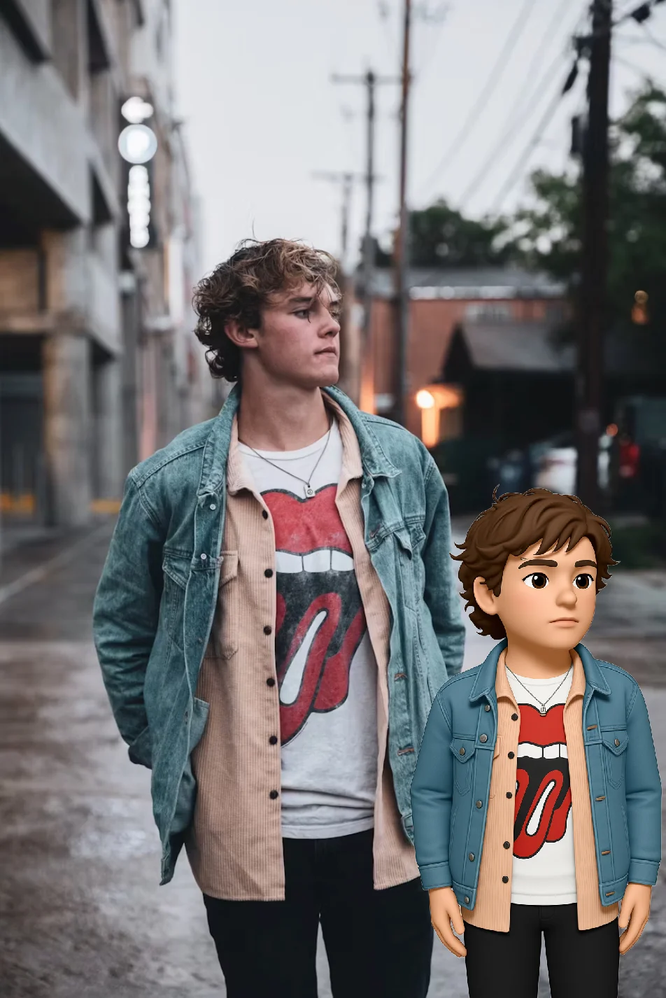 Real photo with Apple-style memoji overlay of a young man on a rainy street