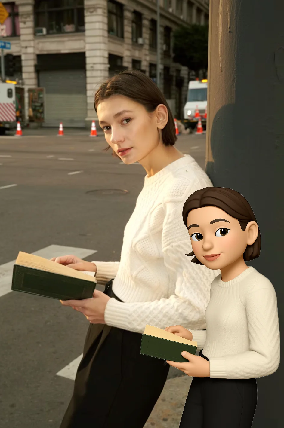 Real photo with memoji overlay of a woman holding a book in the city