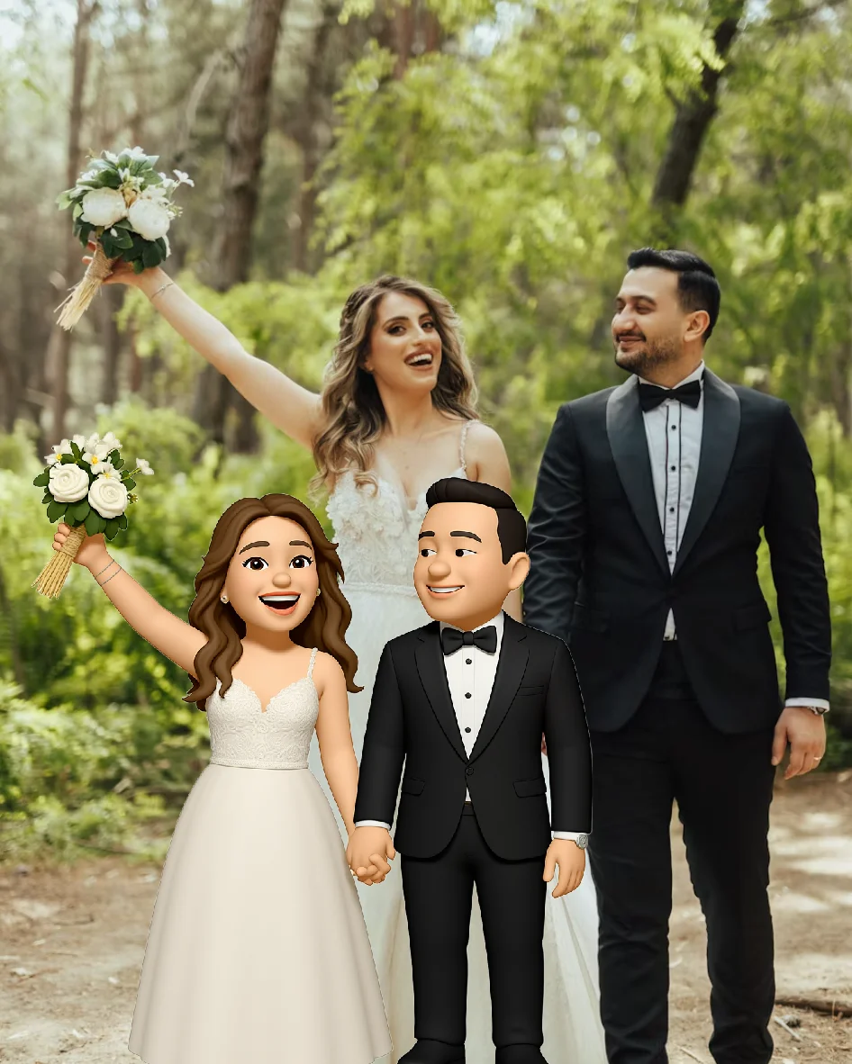 Wedding photo with memoji couple overlay in a forest